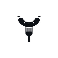 Grilled sausage on fork icon, vector design isolated. Food and drink vector concept black on a white background 