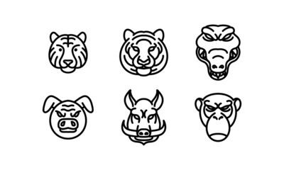 Set of 6 wild animal head, animal vector line icon, animal head vector line art, isolated animal illustration