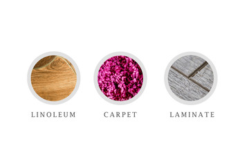 Laminate, linoleum and carpet. Types of flooring. Icons.