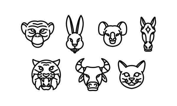 Set of 7 wild animal head, animal vector line icon, animal head vector line art, isolated animal illustration