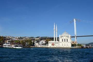 Fototapeta na wymiar View of the Ortakoy mosque and the Bosphorus bridge in Istanbul