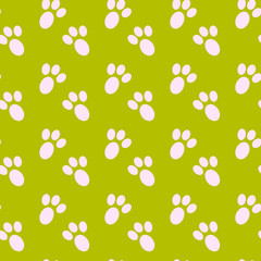 Footprints rabbit vector seamless pattern on green background Fun childish animal design element for decoration, wallpaper, print, paper, wrapping, web.