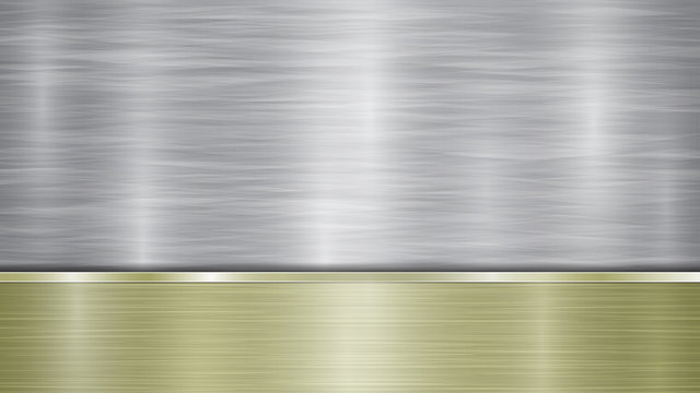 Background consisting of a silver shiny metallic surface and one horizontal polished golden plate located below, with a metal texture, glares and burnished edges