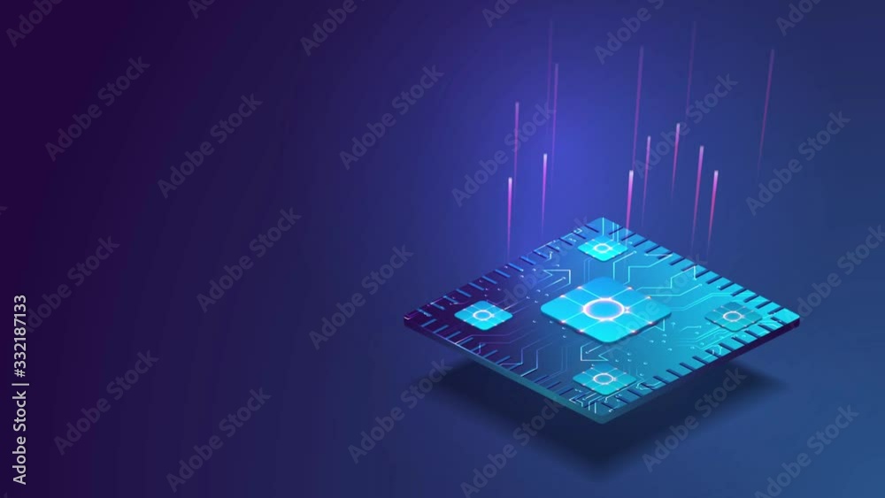 Fototapete futuristic microchip processor with lights on the blue background. quantum computer, large data proc