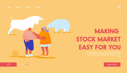 Trading, Fund Stock Market Exchange Landing Page Template. Businesswomen Communicating front of Bull and Bear Silhouettes. Investment, Bullish Point on Graph, Bonds Trend. Cartoon Vector Illustration