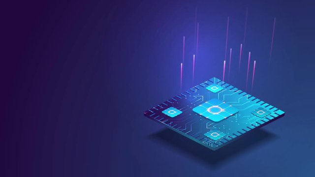 Futuristic microchip processor with lights on the blue background. Quantum computer, large data processing, database concept. CPU isometric banner. Central Computer Processors CPU concept.Digital chip