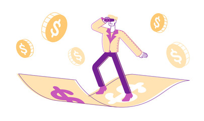 Businessman with Binocular Looking Far Flying on Money Carpet Racing to Success, Business Vision, Competition, Creative Idea, Startup Project. Business Challenge Concept. Linear Vector Illustration