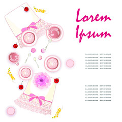 A set of cakes , cherry berries, peony flower, Mimosa twig, spoons, coffee cups and a lace towel on a white background. It can be used for menu design in a pastry shop.