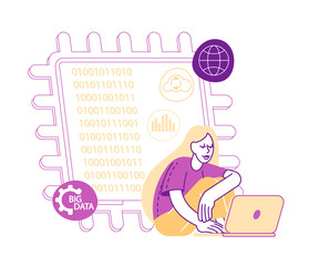Quantum Computing Concept. Quantum-mechanical Phenomena Superposition and Entanglement to Perform Computation. Female Character with Notebook Sitting at Huge Microchip. Linear Vector Illustration