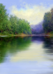 Fototapeta na wymiar Digital oil paintings landscape, river. Fine art.