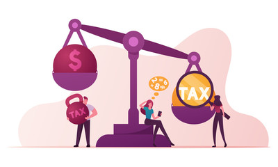 Business Taxation Concept. Businesspeople Characters Put Heavy Tax and Money Weight on Huge Scales. Bank Loan. Taxpayers Make Payment, Financial Bankruptcy, Poverty Cartoon People Vector Illustration