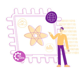 Computer Engineer Male Character Pointing on Atom Symbol at Huge Microchip and Binary Code. Ai Technology Symbols. Quantum Computing or Supercomputing Engineering Concept. Linear Vector Illustration
