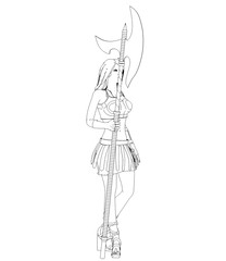 warrior woman character, 3D illustration, sketch, outline