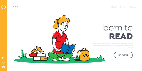 Fototapeta premium Education in University or College Landing Page Template. Young Woman with Book Sitting on Grass Prepare to Examination or Make Homework. Student Girl Character Learning. Linear Vector Illustration