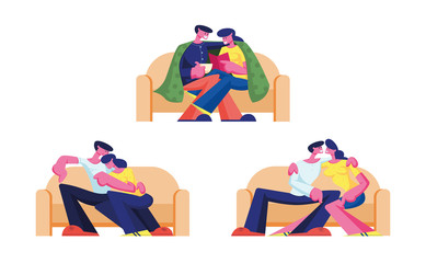 Set of Young Loving Couple Characters Spend Time at Home Sitting on Couch Chatting, Drinking Tea, Reading Book on Weekend. Love Flirting Sparetime, Family Relations. Cartoon People Vector Illustration