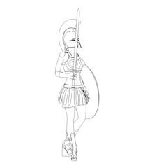 warrior woman character, 3D illustration, sketch, outline