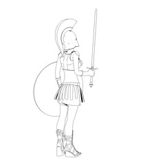 warrior woman character, 3D illustration, sketch, outline