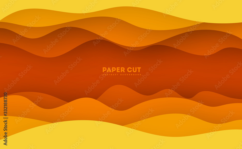 Wall mural yellow paper cut banner with 3d slime abstract background and yellow waves layers. abstract layout d