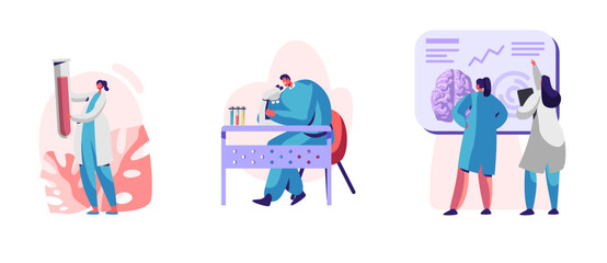 Set of Neurology Doctors Characters Brain and Senses Diseases Diagnostics. Stroke and Headache, Migraine, Head Tomography. Neurology Chemical Experiment, Microscope. Cartoon People Vector Illustration