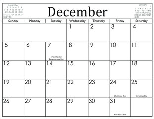 2021 monthly calendar black & white with American and European Holidays