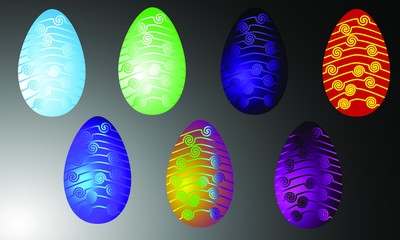 a set of several multi-colored luminous neon Easter eggs located on different layers on a combined background