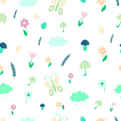 Spring seamless pattern with flowers, butterflies. mushrooms, umbrellas, clouds.