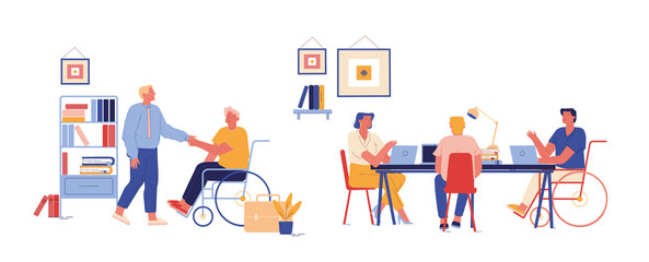Handicapped People Working in Office. Disabled Man Character Shaking Hand with Colleague at Workplace. Invalid Business Man Sit in Wheelchair Work at Laptop with Partners. Cartoon Vector Illustration