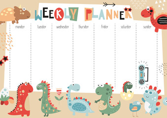 Weekly planner with cute dinosaurs in doodle cartoon style. Kids schedule design template. Vector illustration.