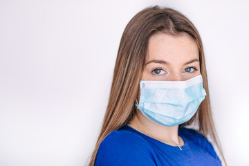 woman wearing face mask for health because have air pollution PM 2.5. Mask for protect virus, bacteria, pollen grains. Health care concept. white background