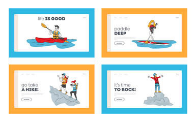 Active People Outdoors Fun Landing Page Template Tourism Set. Characters Climb in Mountains. Kayaking, Sup Board Water Sport Recreation. Outdoor Alpinism or Hiking Activity. Linear Vector Illustration