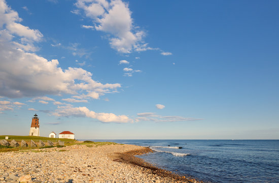 Point Judith Lighthouse on a sunny late afternoon at Narragansett, RI, USA. The lighthouse  is located on the west side of the entrance to Narragansett Bay.