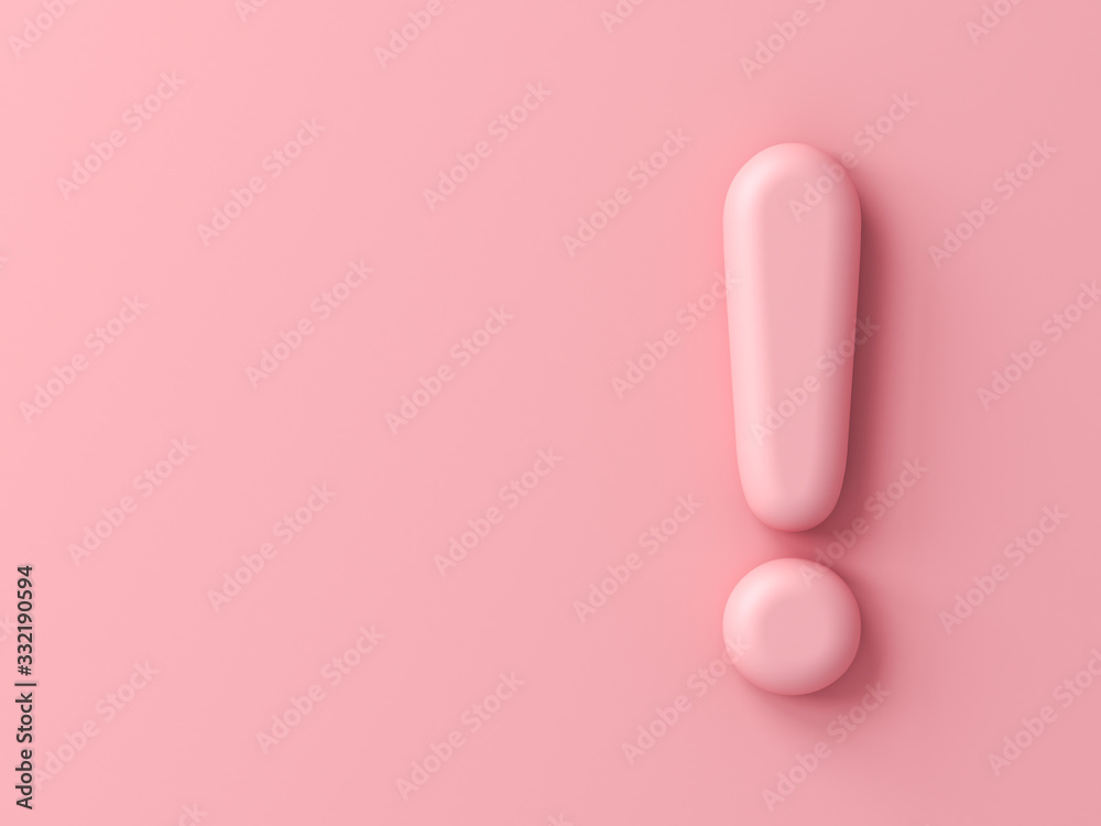 Fototapete 3d pink exclamation mark icon isolated on pink pastel color wall background with shadow 3d rendering