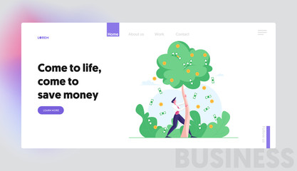 Return on Investment, Savings, Finance Freedom Landing Page Template. Businessman Character Shaking Money Tree with Dollar Banknotes and Coins Falling from Branches. Cartoon Vector Illustration