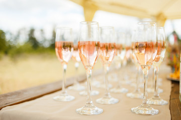 Glasses of champagne and sparkling wine served at charity event, alcoholic drinks close-up
