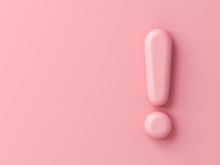 3d pink exclamation mark icon isolated on pink pastel color wall background with shadow 3D rendering
