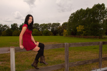 Black-haired girl sitting on a fence
