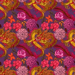 Gardinen Creative seamless pattern with hand drawn chinese art elements: dragon, lantern, fan and flowers. Trendy print. Fantasy chinese dragon, great design for any purposes. Asian culture. Abstract art. © Natallia Novik