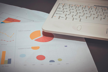 Laptops, paper charts, financial graphs and printed financial diagrams