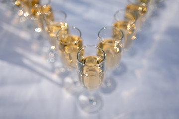 Glasses of champagne and sparkling wine served at charity event, alcoholic drinks close-up