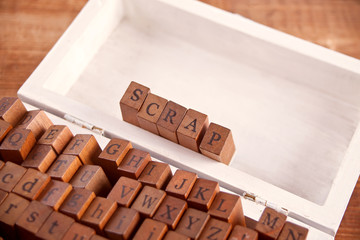 Scrapbooking wooden alphabet stamp set with text Scrap
