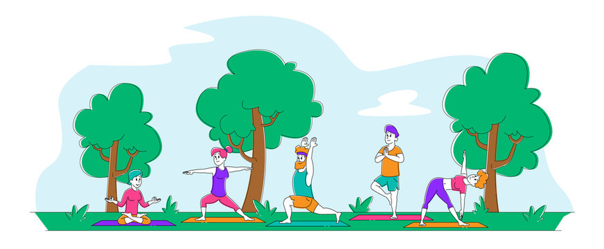 Male and Female Characters Outdoor Yoga Activity Concept. People Doing Sports Exercises in Park. Fitness, Workout in Different Poses, Stretching, Healthy Lifestyle, Leisure. Linear Vector Illustration
