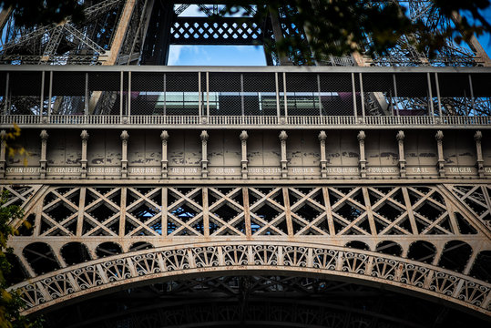close up photo of the names on Eiffel Tower in Paris, France, Europe