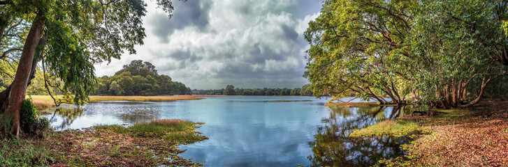 Beautiful panorama of the lake with blue sky and clouds in the Wilpattu national Park.