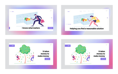 Finance Freedom, Archive Documents Storage Landing Page Template Set. Business People Collecting Harvest from Money Tree, Growing Wealth. Characters Searching Documents. Cartoon Vector Illustration