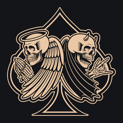 black and white illustration of an angel skeleton versus a devil skeleton
