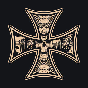 Black and white biker&rsquo;s cross, isolated on the dark background.