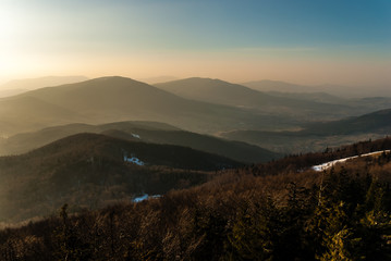 Obraz premium Sunset in Island Mountains seen from Mogielica summit - Beskid Wyspowy mountains landscape in Malopolska, Poland