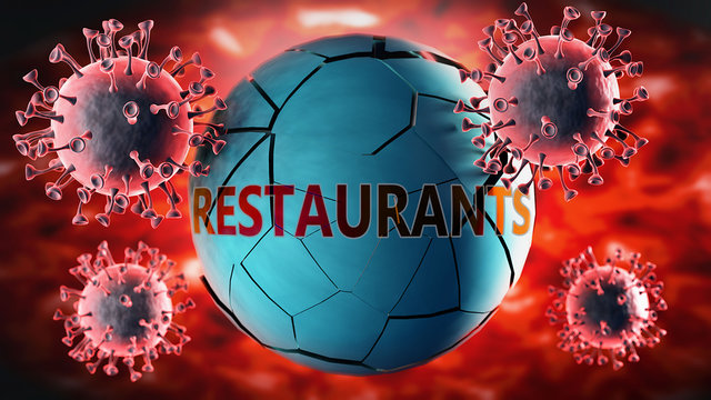 Covid-19 virus and restaurants, symbolized by viruses destroying word restaurants to picture that coronavirus outbreak destroys restaurants and leads to recession, 3d illustration