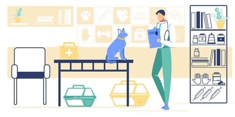 Vet Doctor Examine Animal in Examination Room. Veterinarian Practitioner Character and Dog in Pet Clinic Office Interior, Veterinary Care Consultation Appointment. Cartoon Flat Vector Illustration