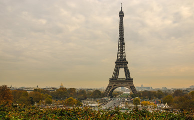 Eiffel Tower and Paris cityscape from Jardins de Trocadero during sunset in autumn, Paris, France